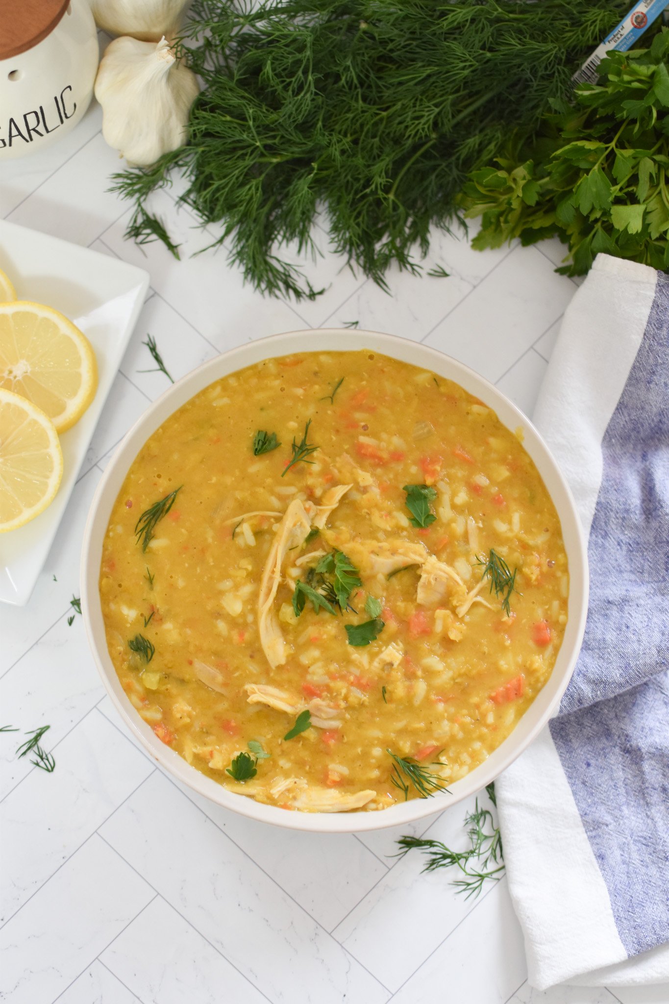 Chicken Lentil Soup Recipe in white bowl 
