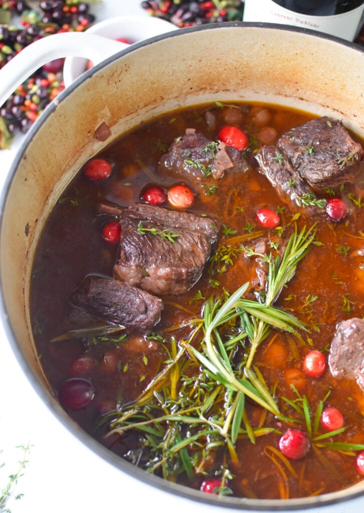 Cranberry Braised Short Ribs Recipe in a dutch oven. 