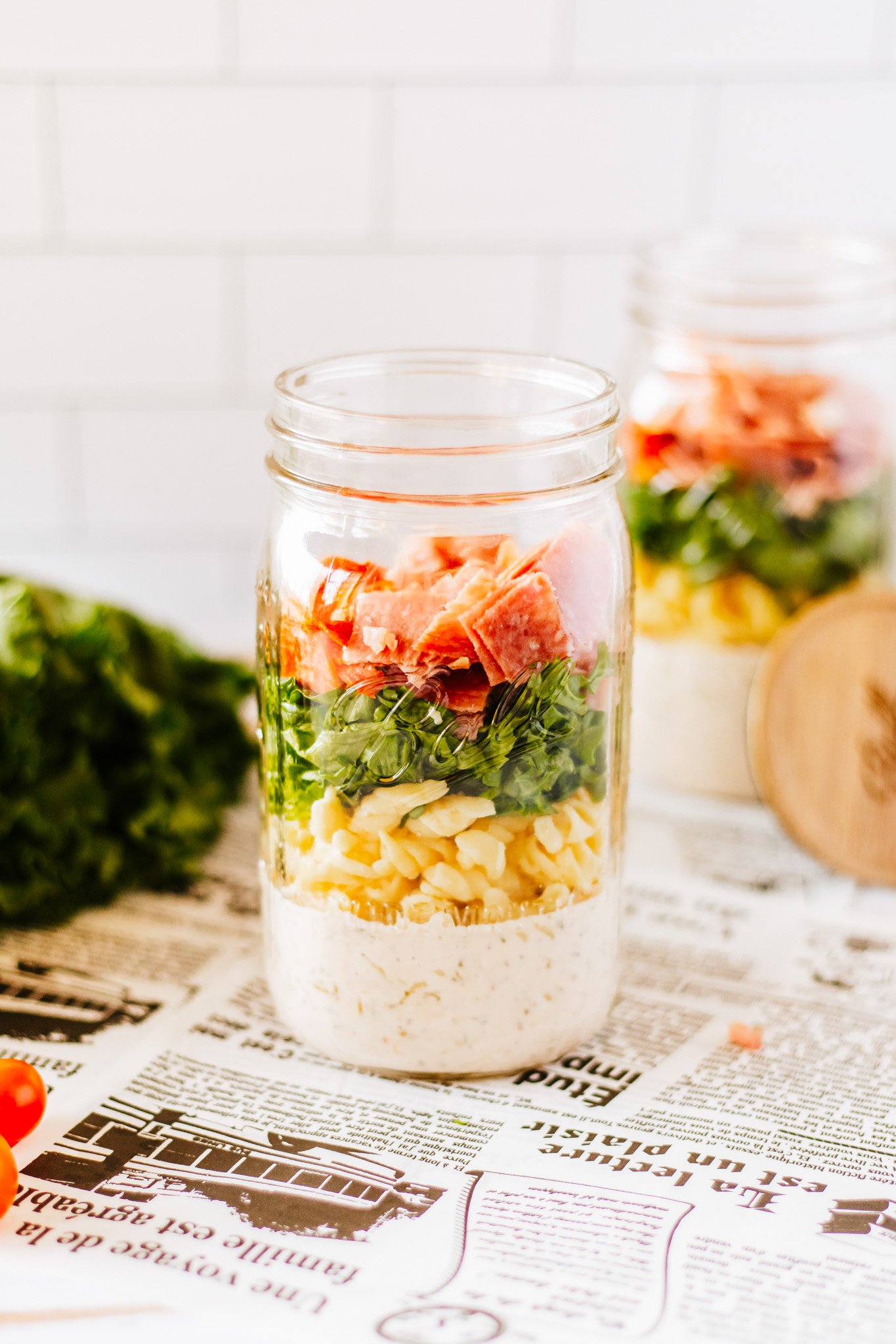 Italian Pasta Mason Jar Salad layered in mason jar 