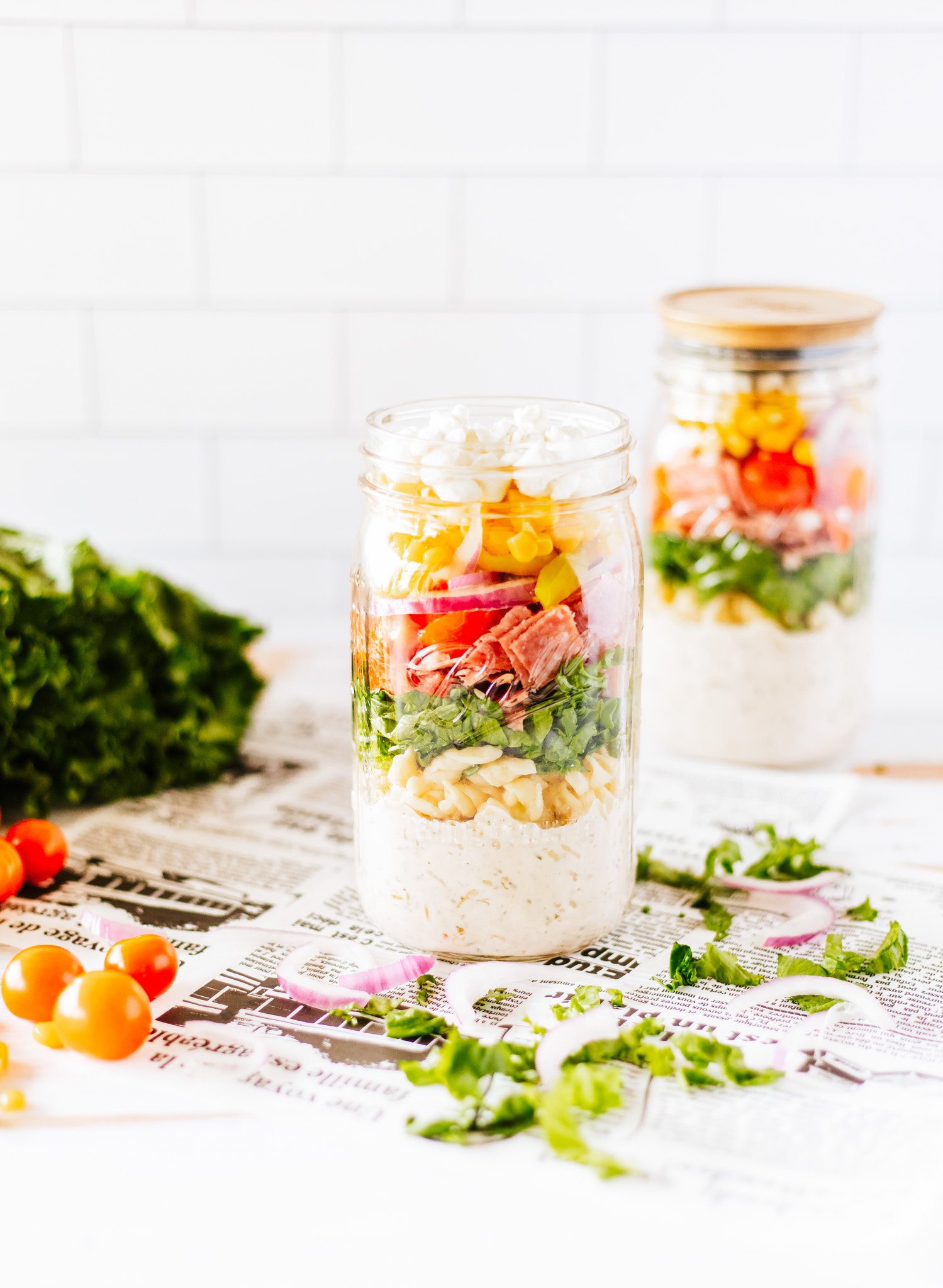 Italian Pasta Mason Jar Salad in two jars. 