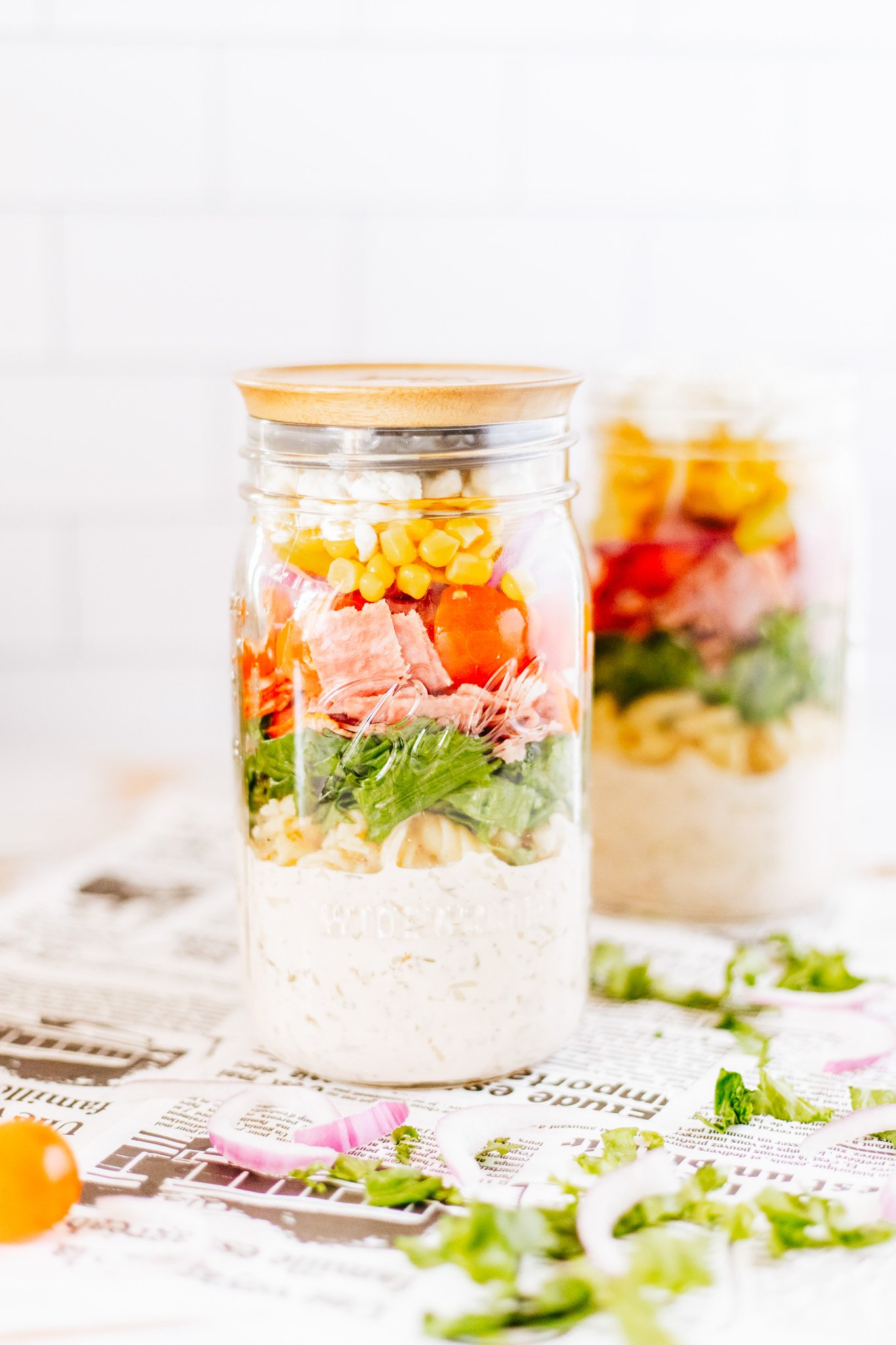 Italian Pasta Mason Jar Salad in a jar with lid.