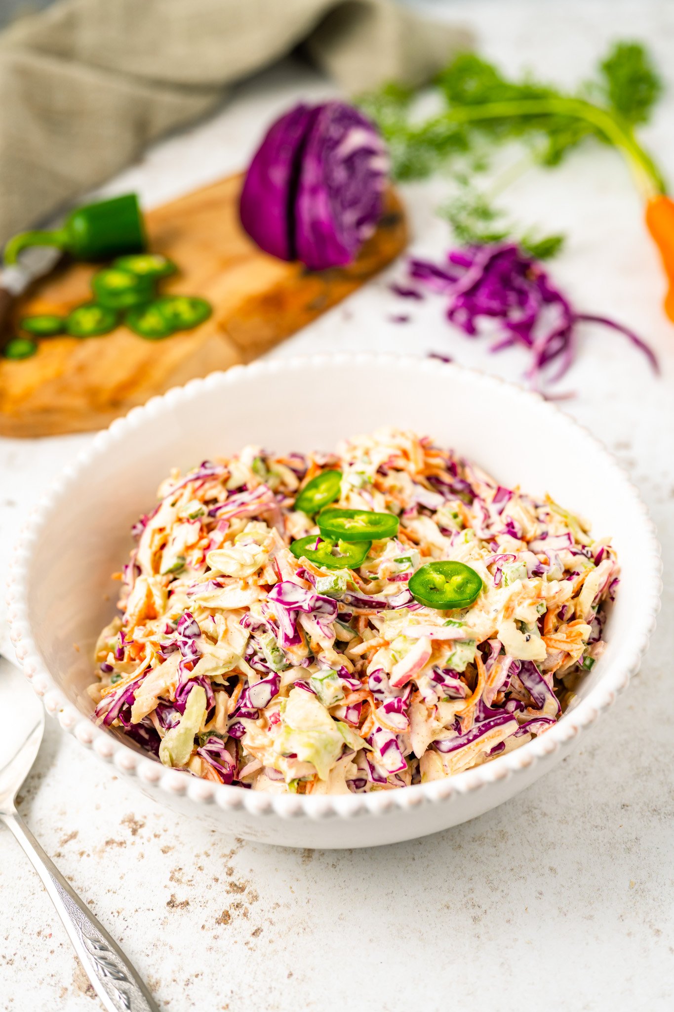 Jalapeno Coleslaw Recipe with white bowl.