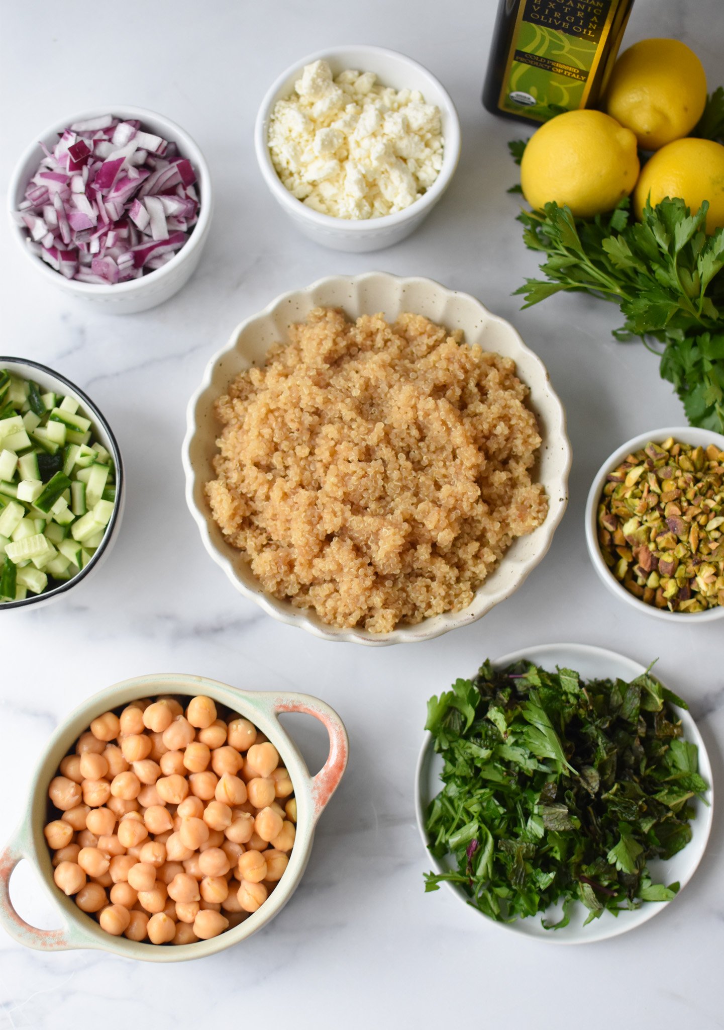 recipe ingredients in small bowls. 