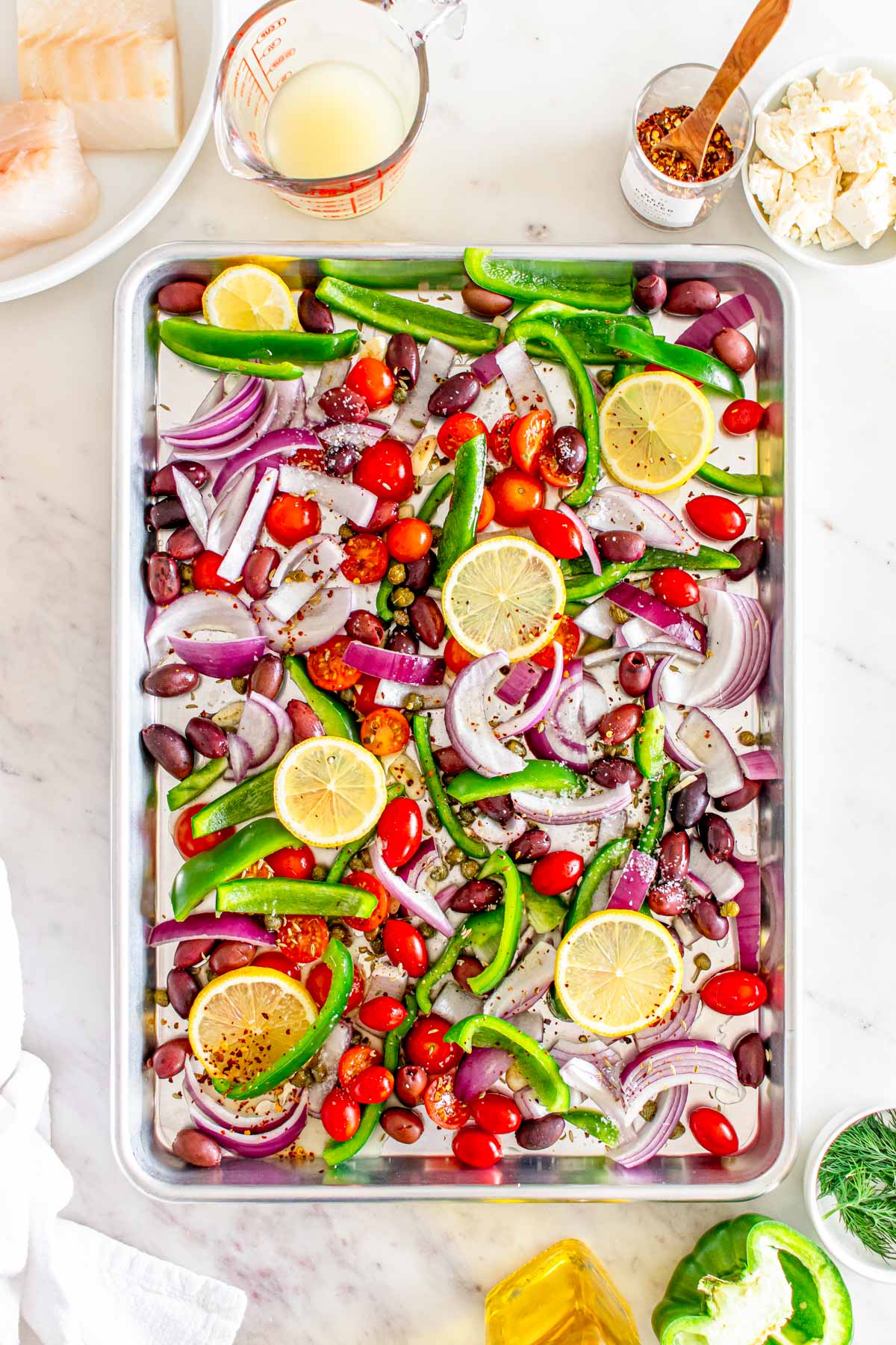 Sheet Pan Mediterranean Cod vegetables on sheet pan 