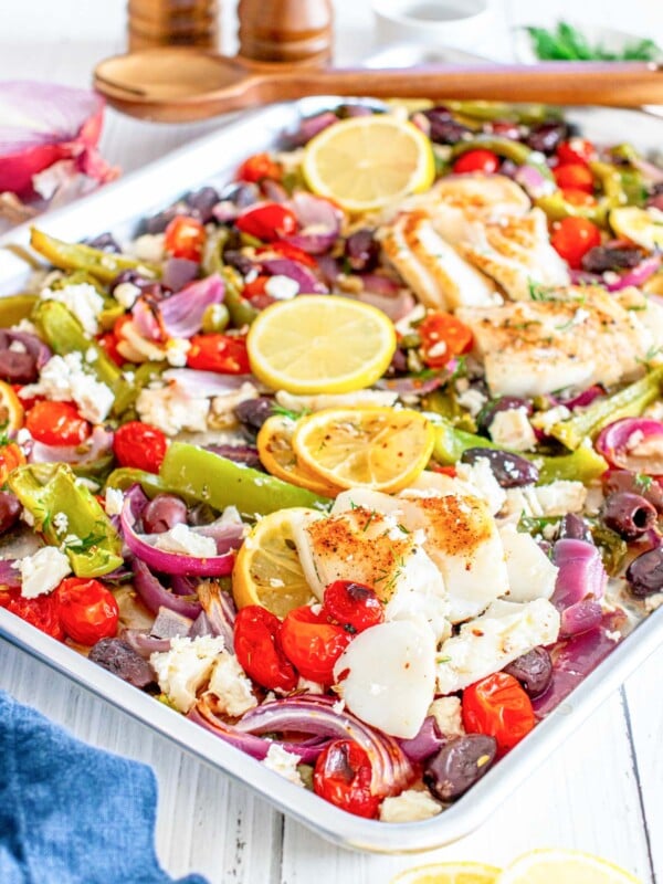 Sheet Pan Mediterranean Cod on a sheet pan
