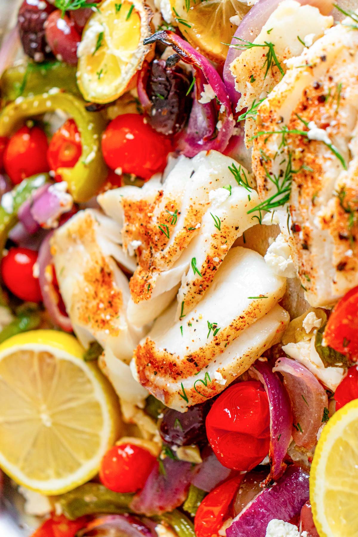 Sheet Pan Mediterranean Cod cooked on a sheet pan 