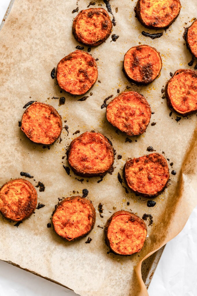 Southwestern Roasted Sweet Potato Rounds on a baking sheet 