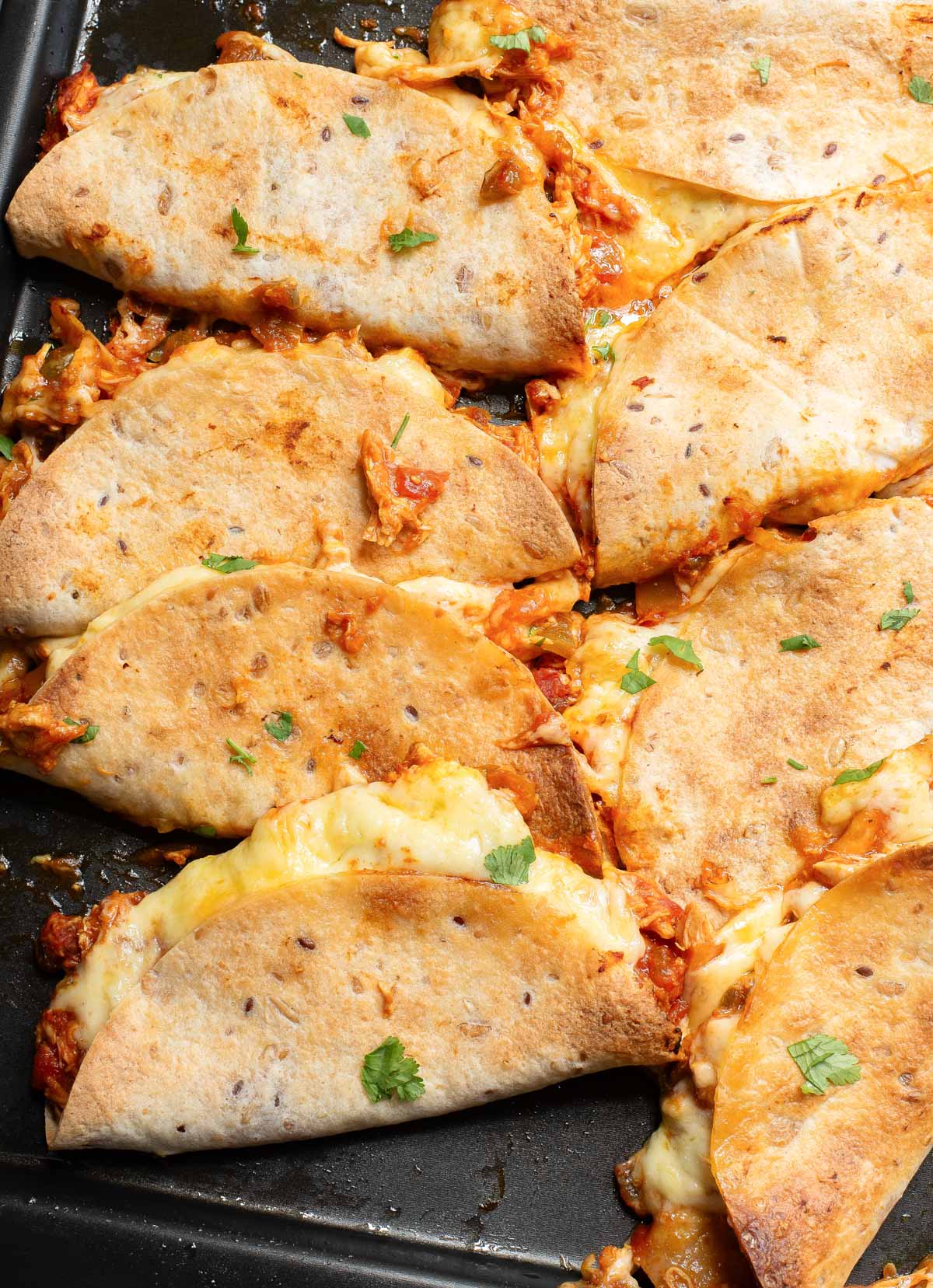 Baked Chicken Tacos on a baking sheet 
