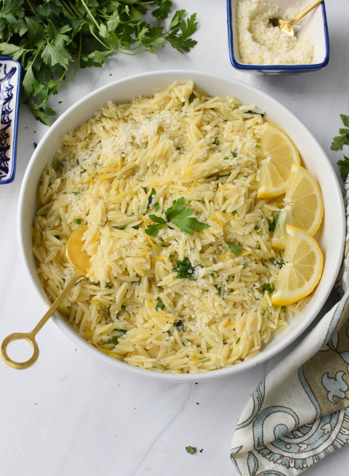 Lemon Orzo Recipe in a white bowl 