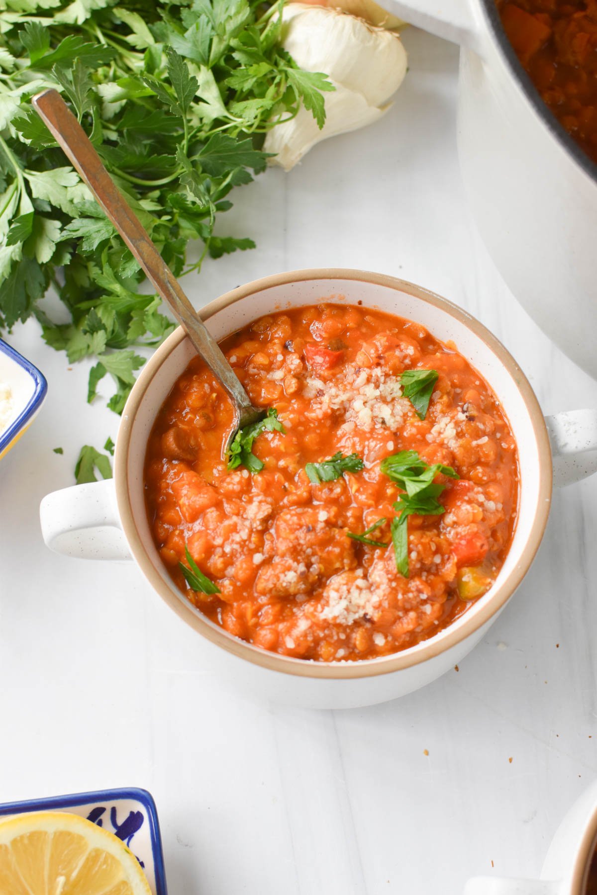 Lentil Sausage Soup Recipe with spoon