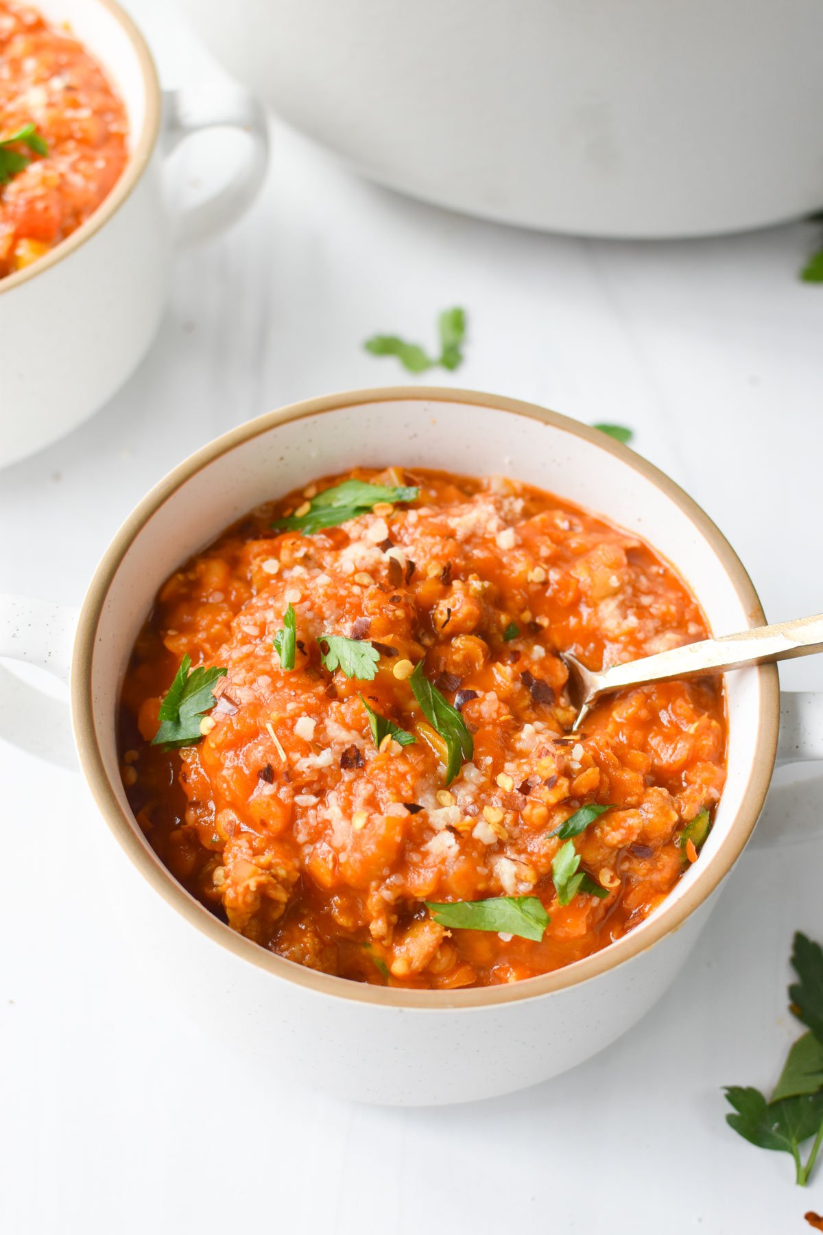 This Lentil Sausage Soup Recipe in white bowl