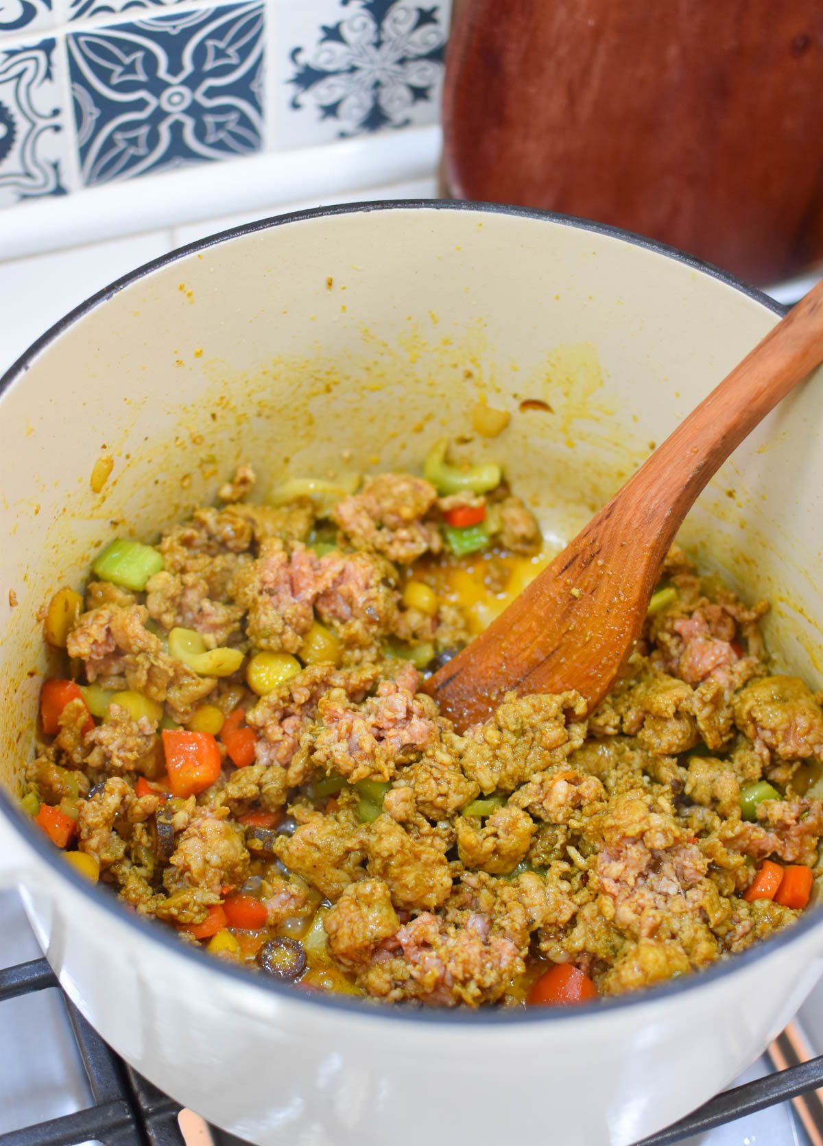 Lentil Sausage Soup Recipe sausage and lentils in a pot.