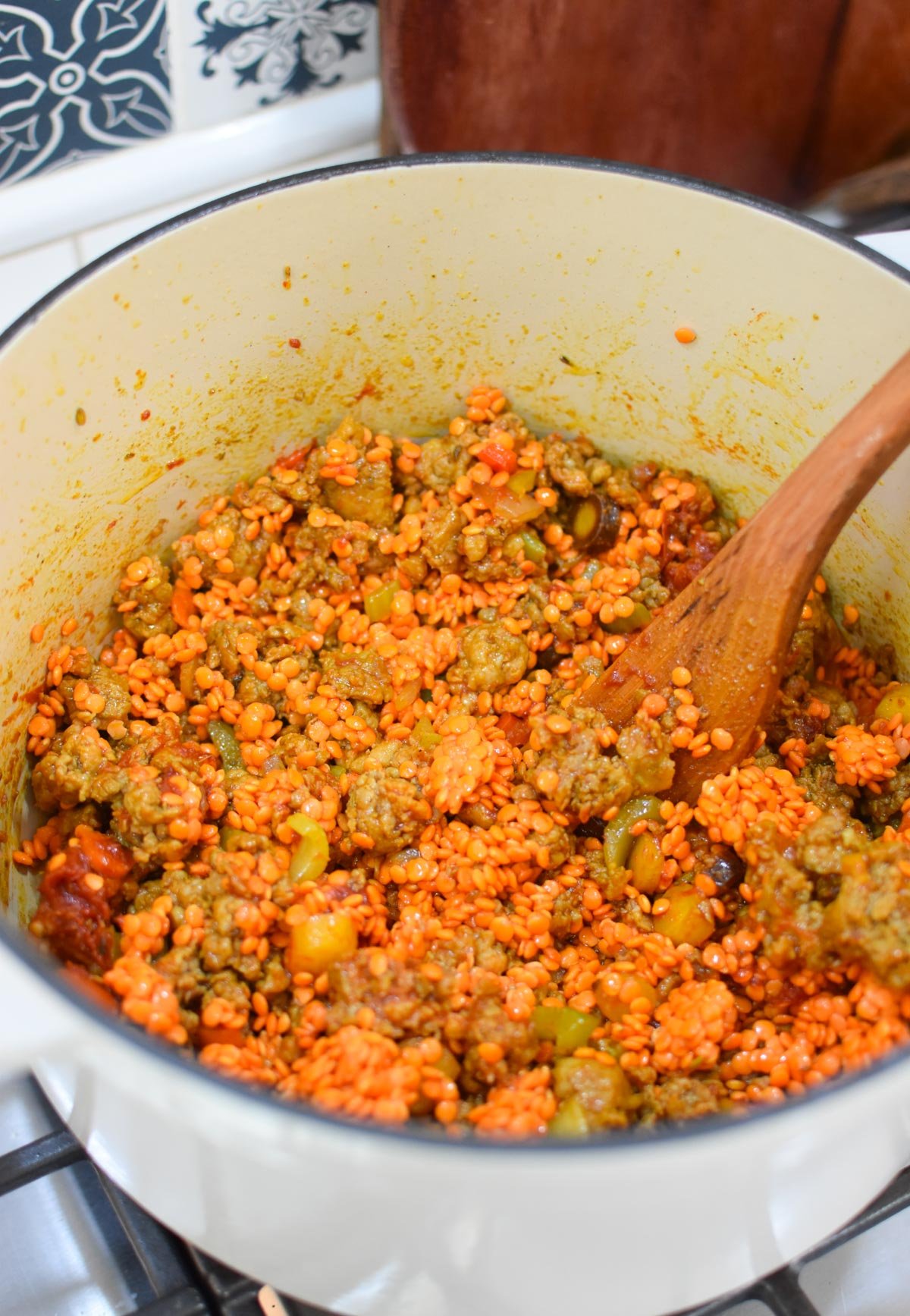 Lentil Sausage Soup Recipe with spoon 
