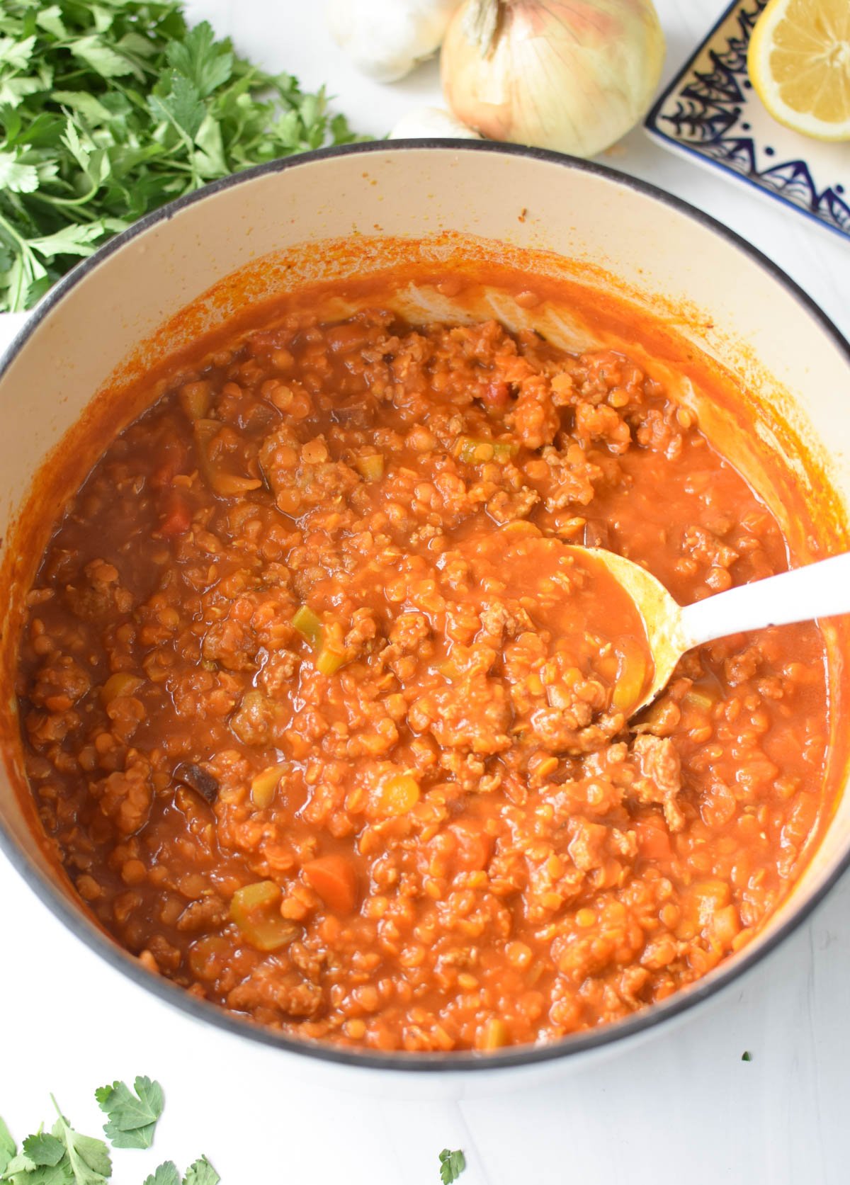 Lentil Sausage Soup Recipe in a dutch oven