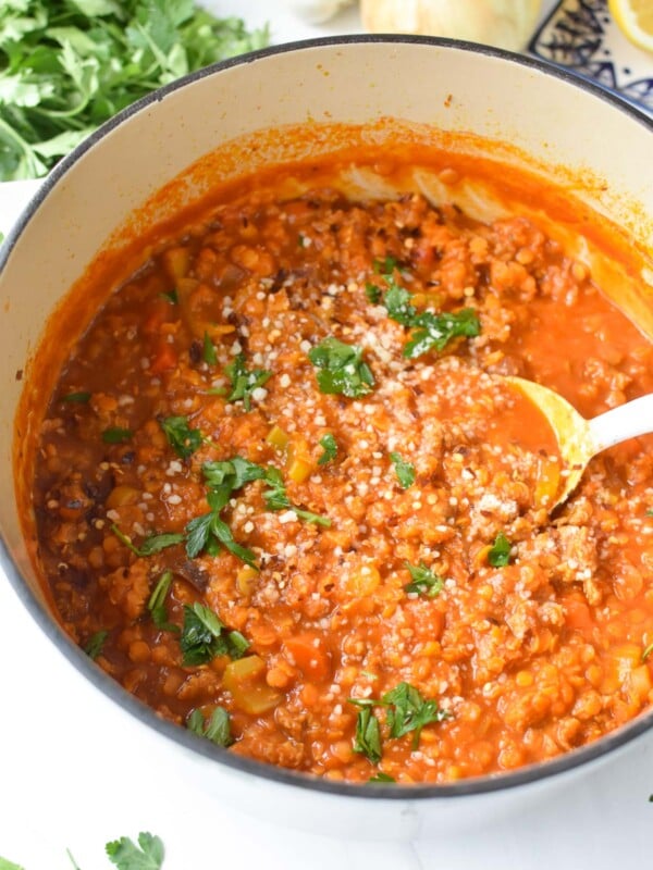 Lentil Sausage Soup Recipe with spoon