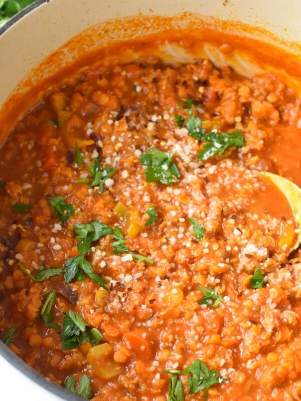 Lentil Sausage Soup Recipe with spoon
