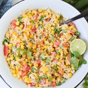 Mexican Street Corn Orzo Pasta Salad with cotija cheese