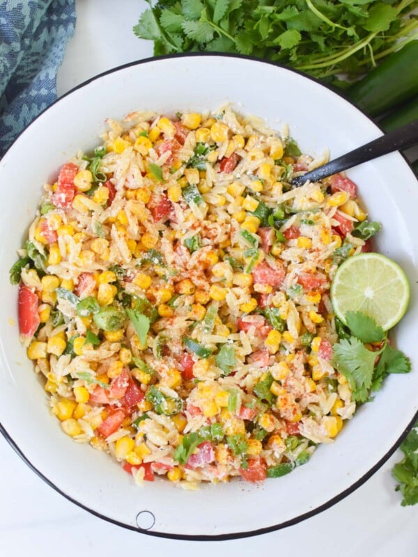 Mexican Street Corn Orzo Pasta Salad with cotija cheese