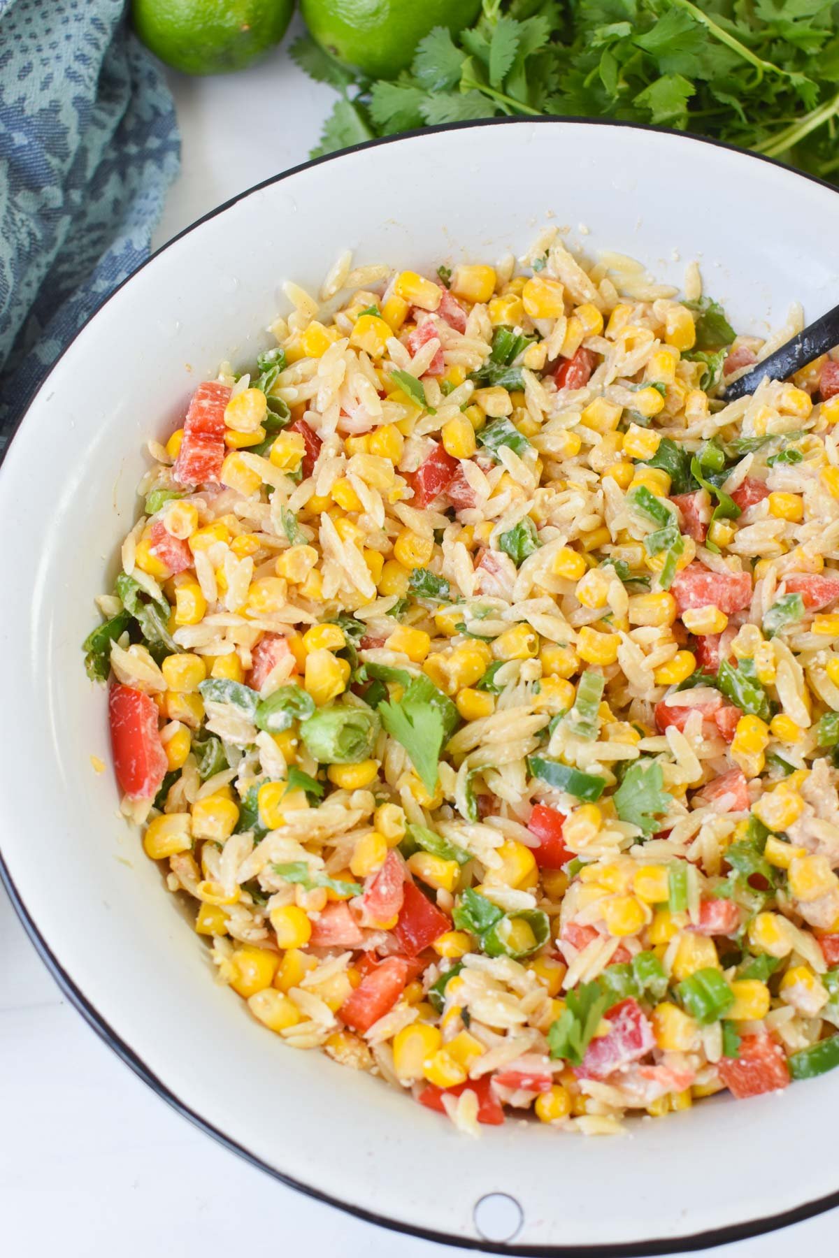Mexican Street Corn Orzo Pasta Salad in a white bowl