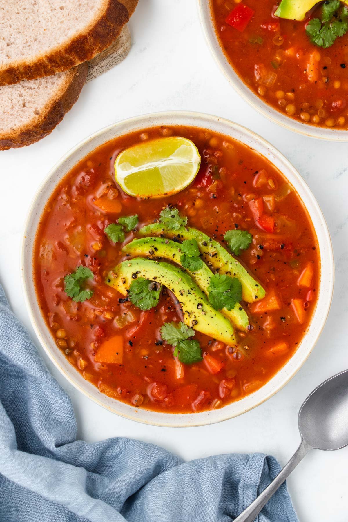 Mexican Lentil Soup with avocado.