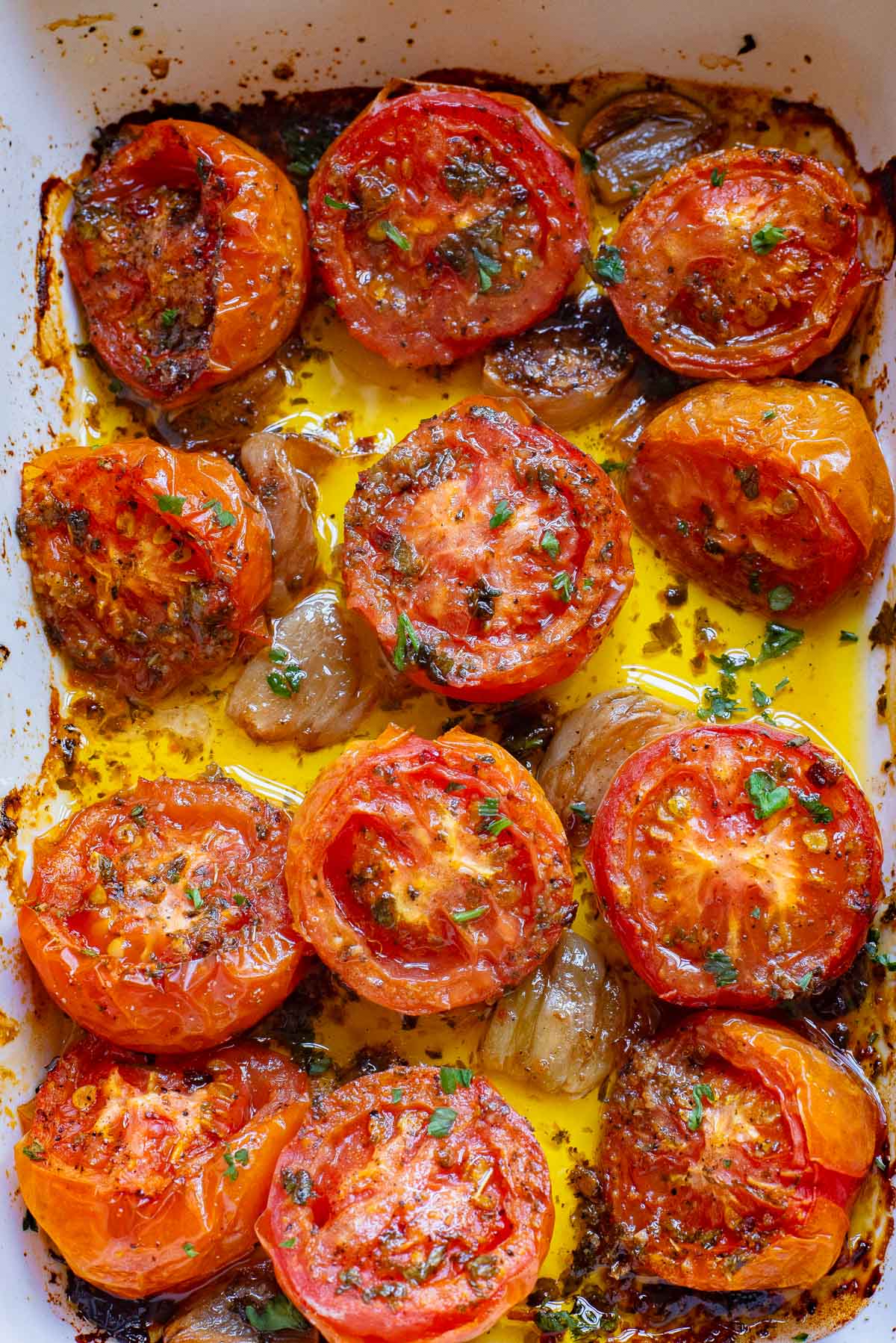 Oven Roasted Tomatoes in a white baking dish 