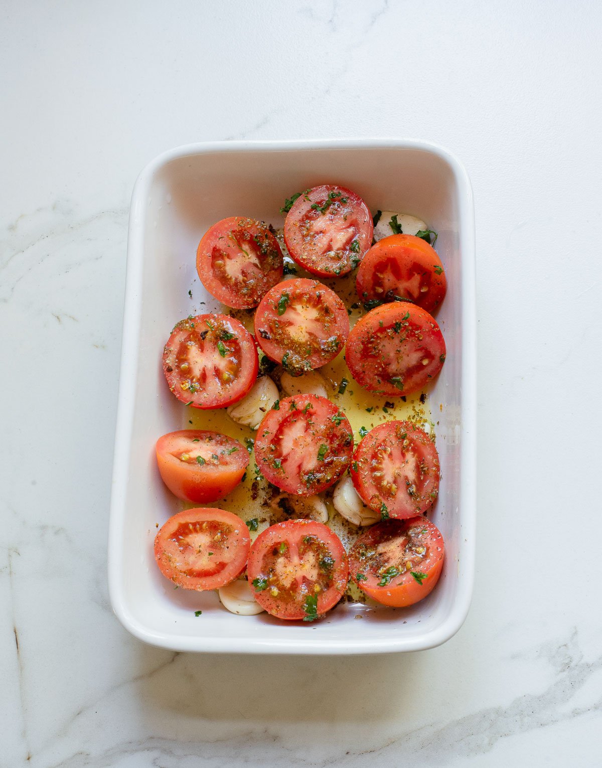 Oven Roasted Tomatoes in baking dish 