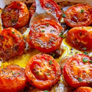 Oven Roasted Tomatoes in a white baking dish