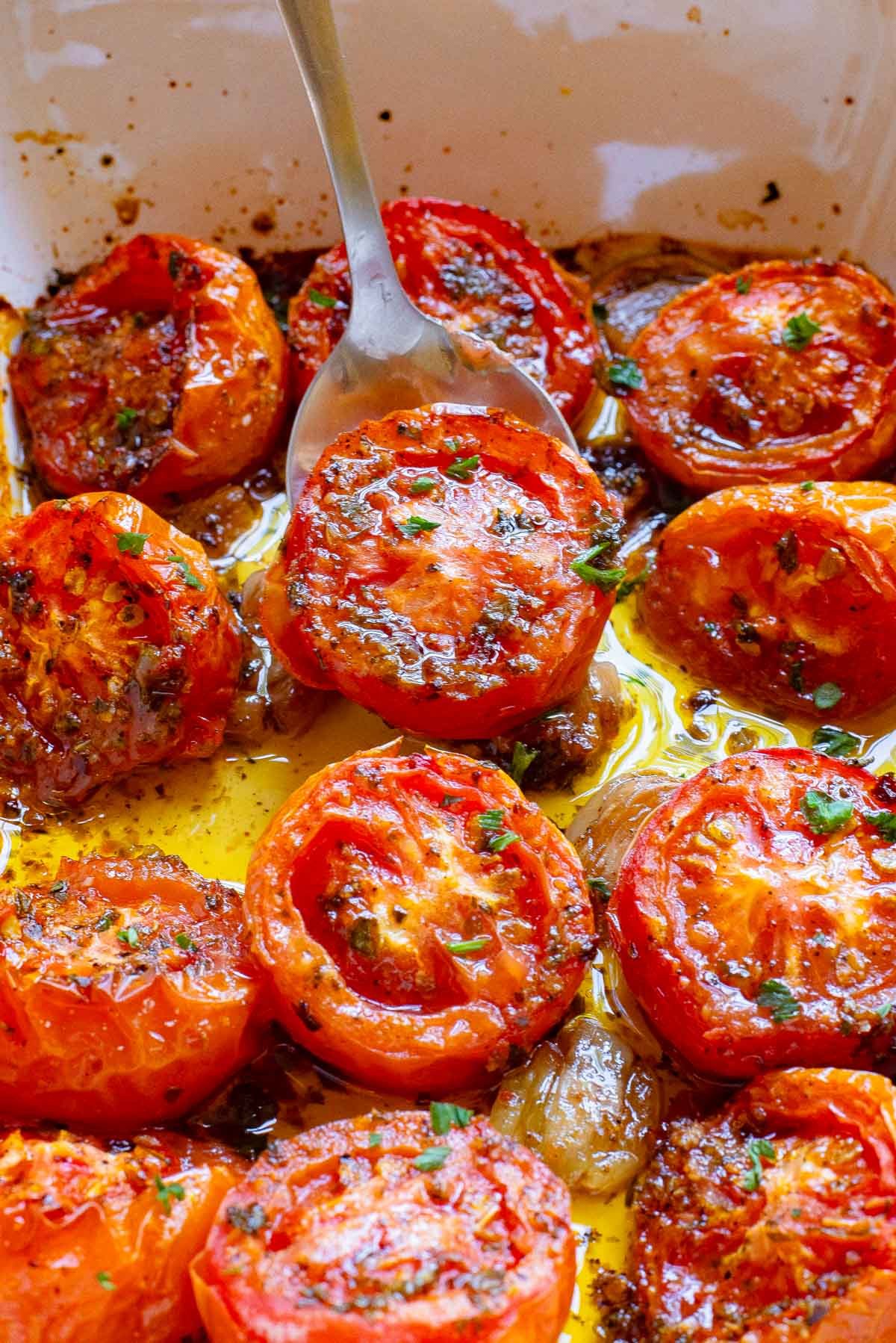 Oven Roasted Tomatoes in a white baking dish