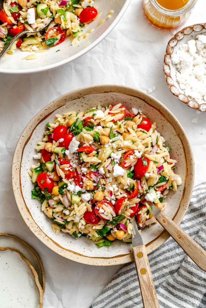 Summer Orzo Pasta Salad with a fork and spoon 