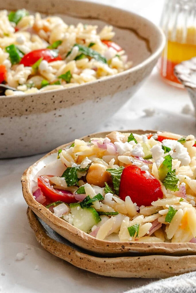 Summer Orzo Pasta Salad in a small plate 