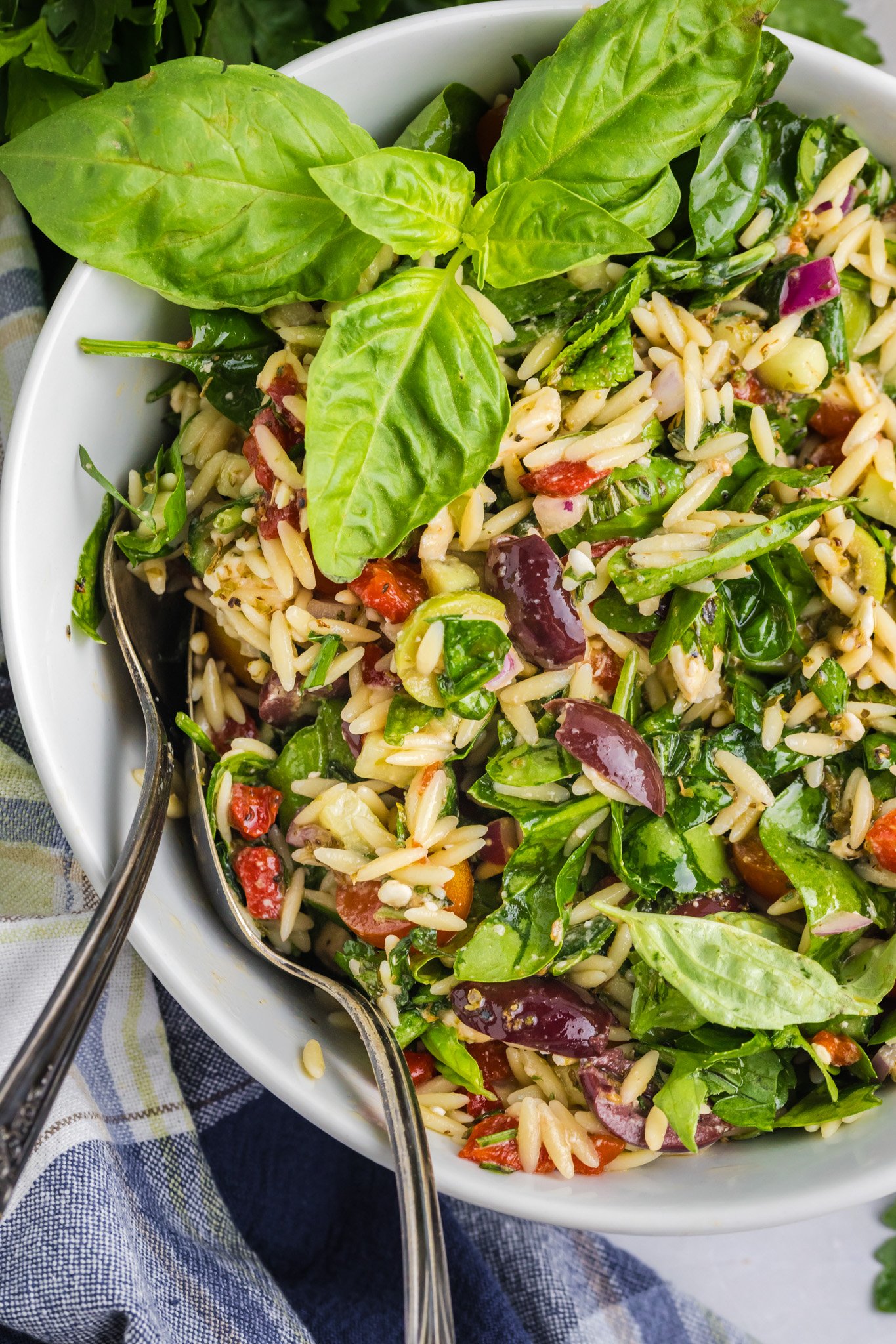Mediterranean Pasta Salad with spoon 