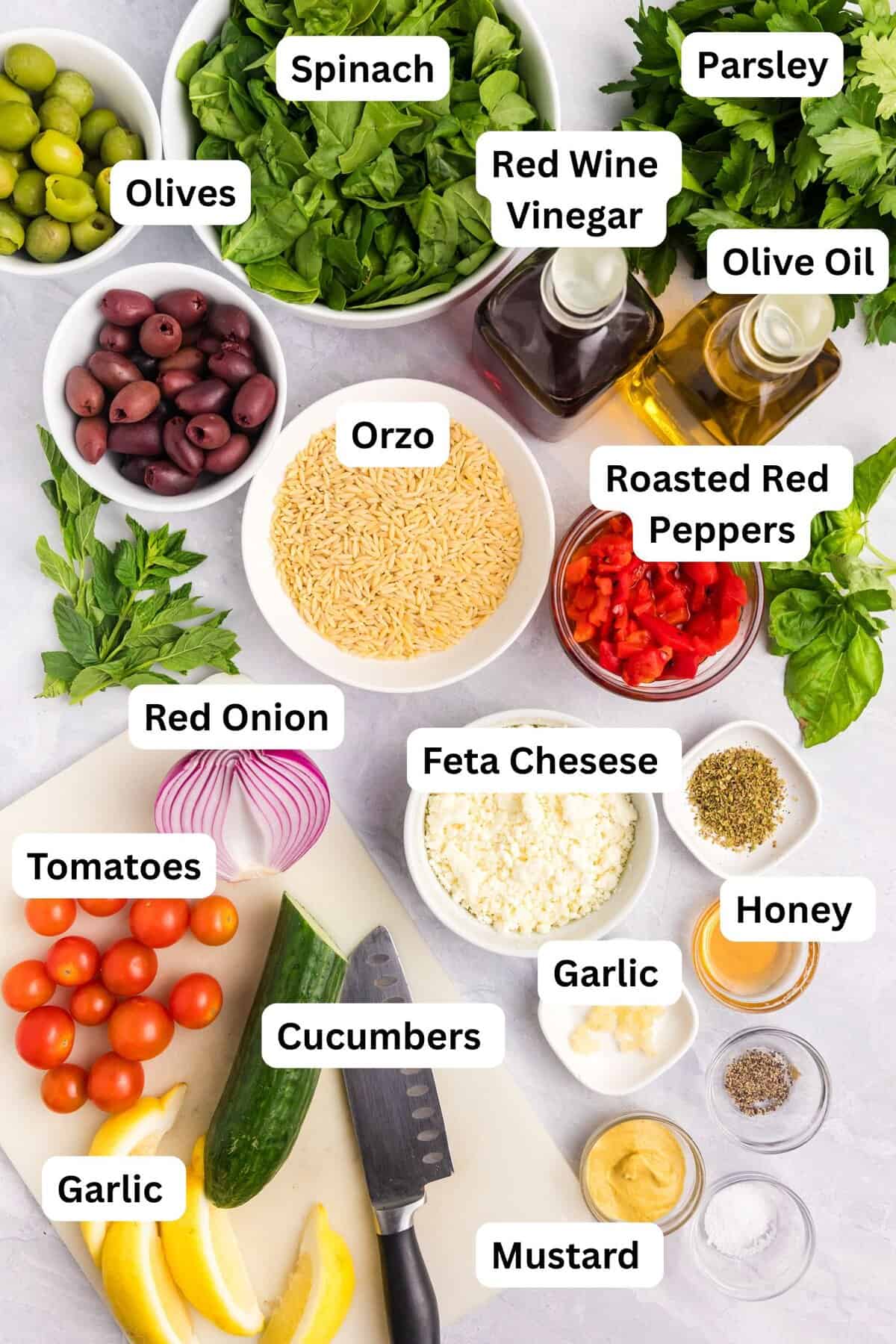 recipe ingredients for mediterranean pasta salad on a counter including orzo, veggies, feta cheese, honey, garlic, and olive oil.