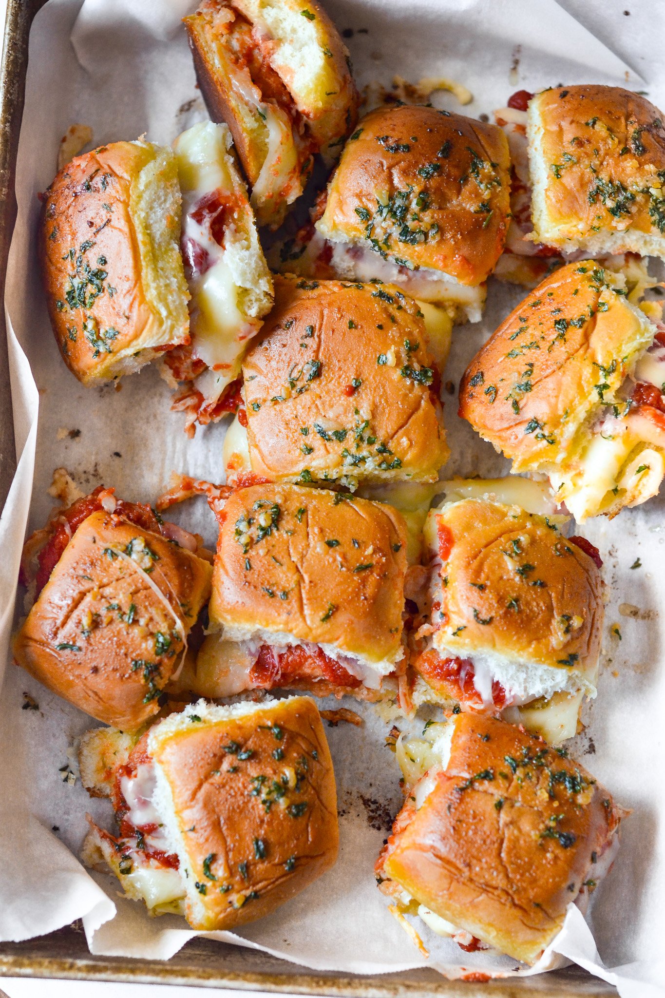 Easy Chicken Parmesan Sliders on a baking sheet 