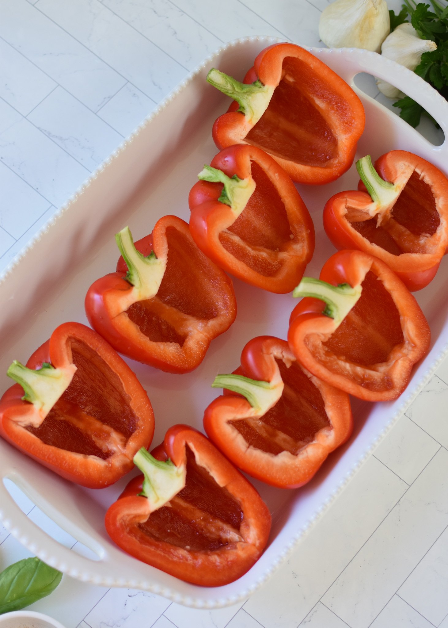 Grilled Stuffed Peppers in a baking dish