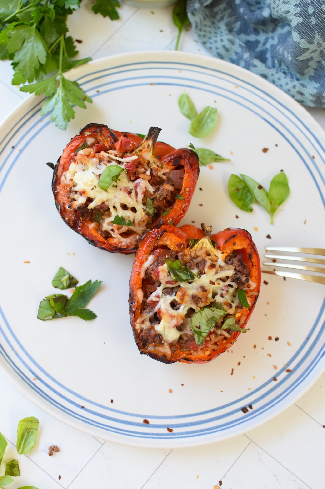 Grilled Stuffed Peppers on a white and blue plate with fork.