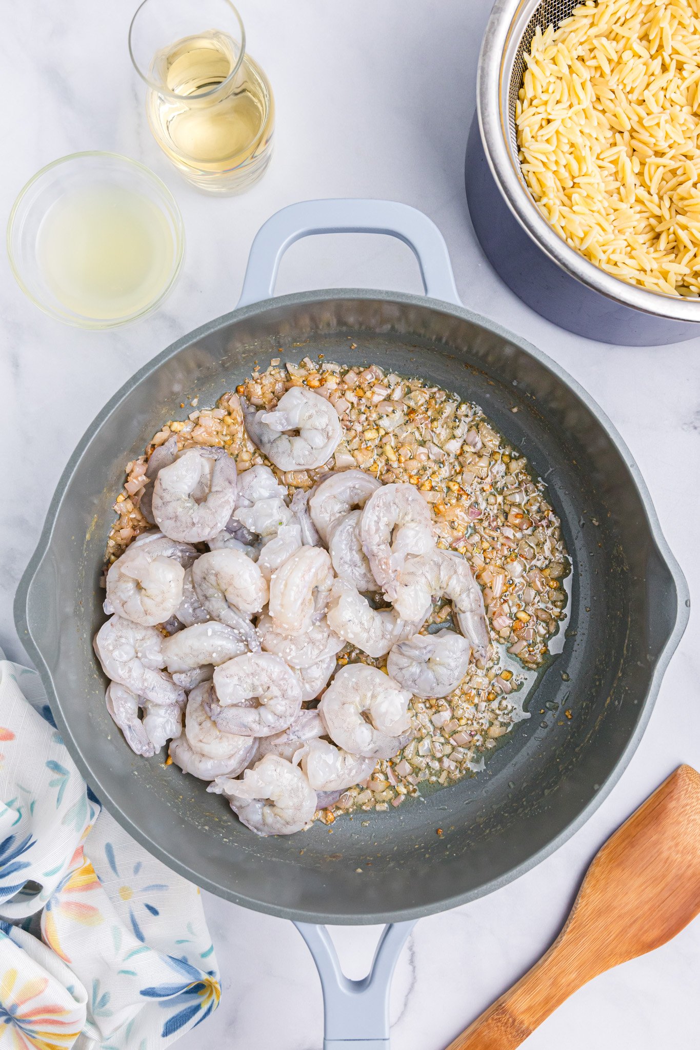 Lemon Shrimp and Orzo in a skillet 
