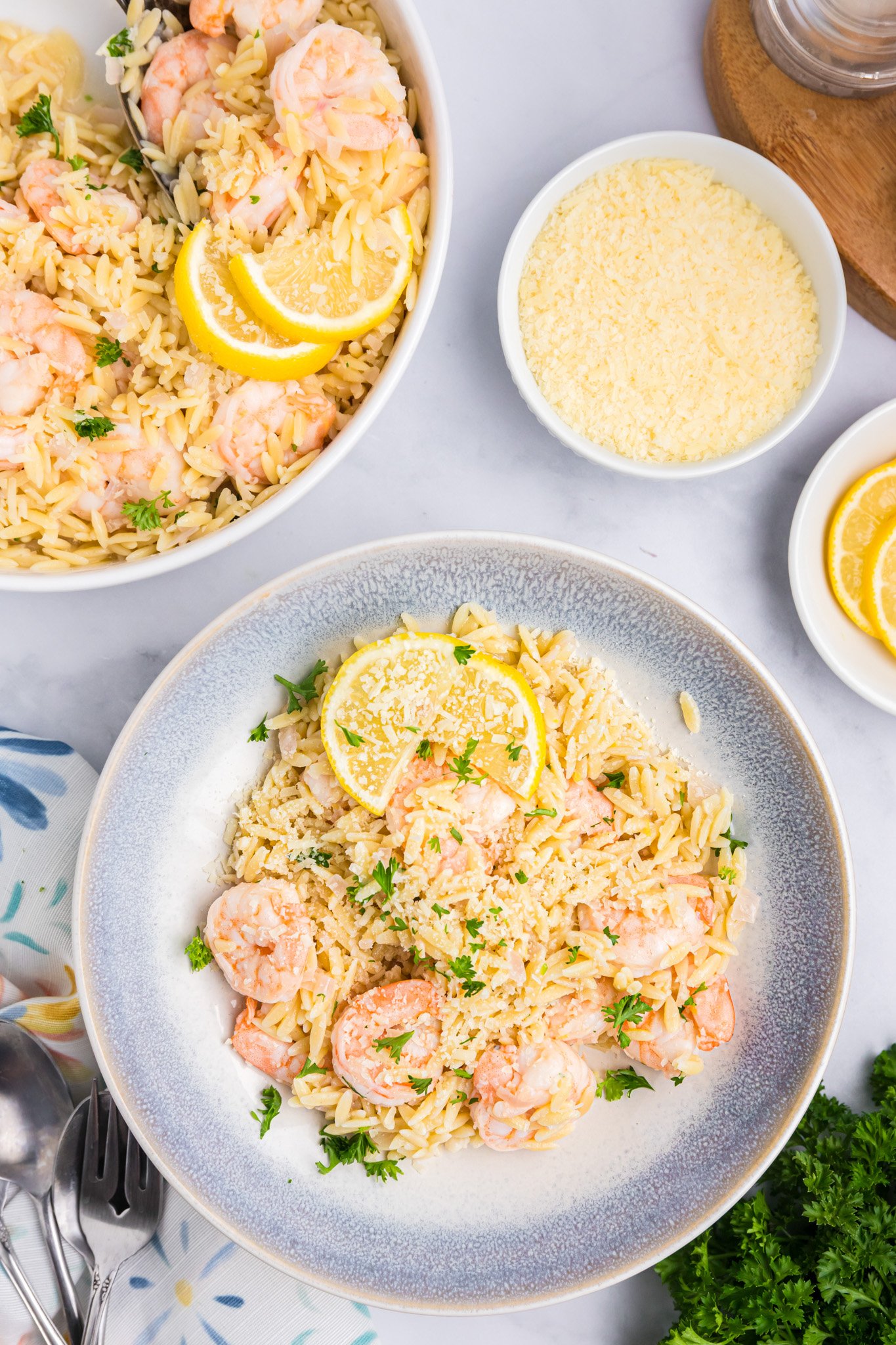 Lemon Shrimp and Orzo in a blue plate 