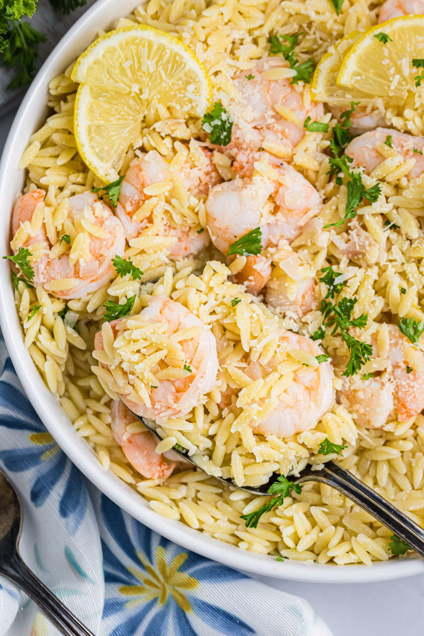 Lemon Shrimp and Orzo in a white bowl