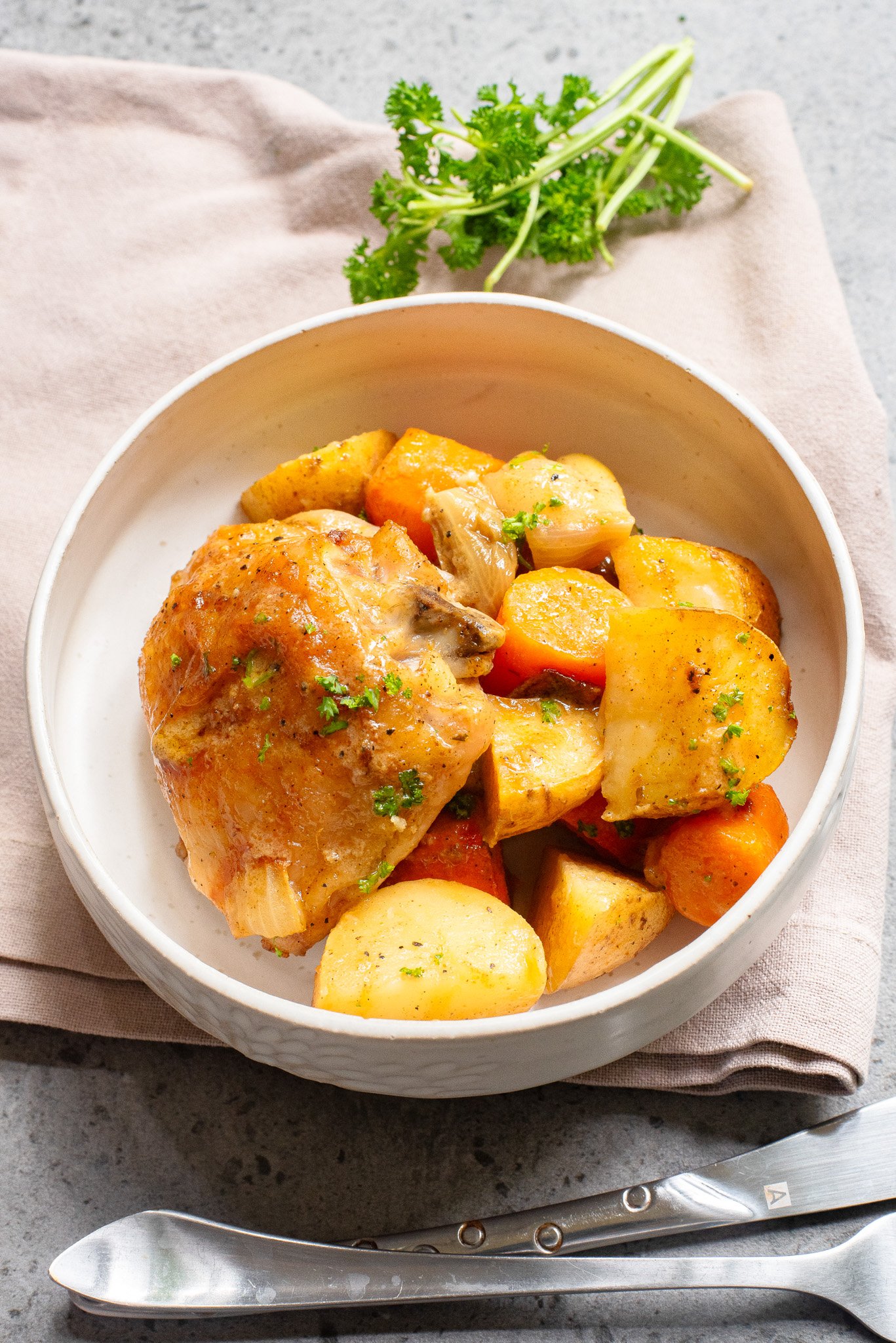 Sheet Pan Honey Mustard Chicken Thighs in a bowl 