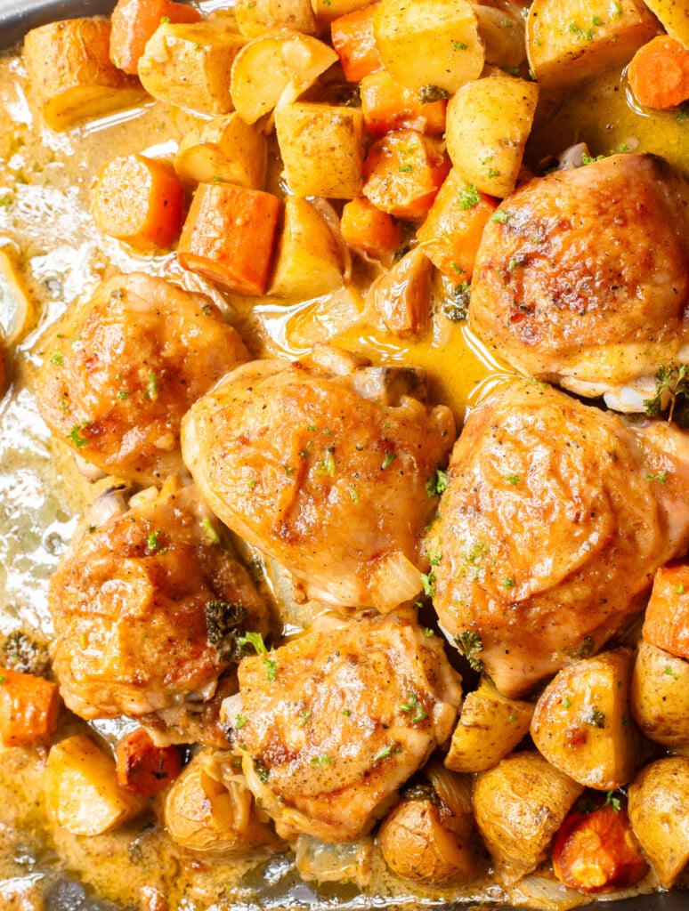 Sheet Pan Honey Mustard Chicken Thighs on a sheet pan 