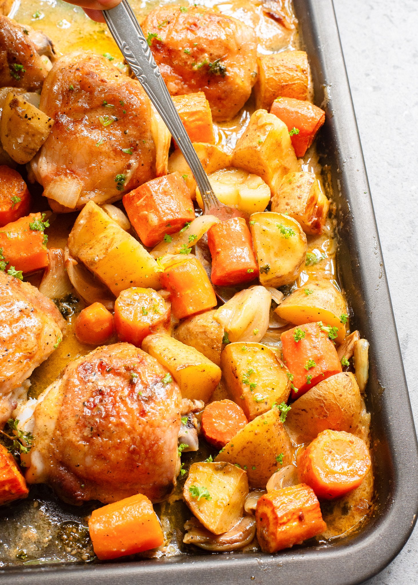 Sheet Pan Honey Mustard Chicken Thighs on a sheet pan 