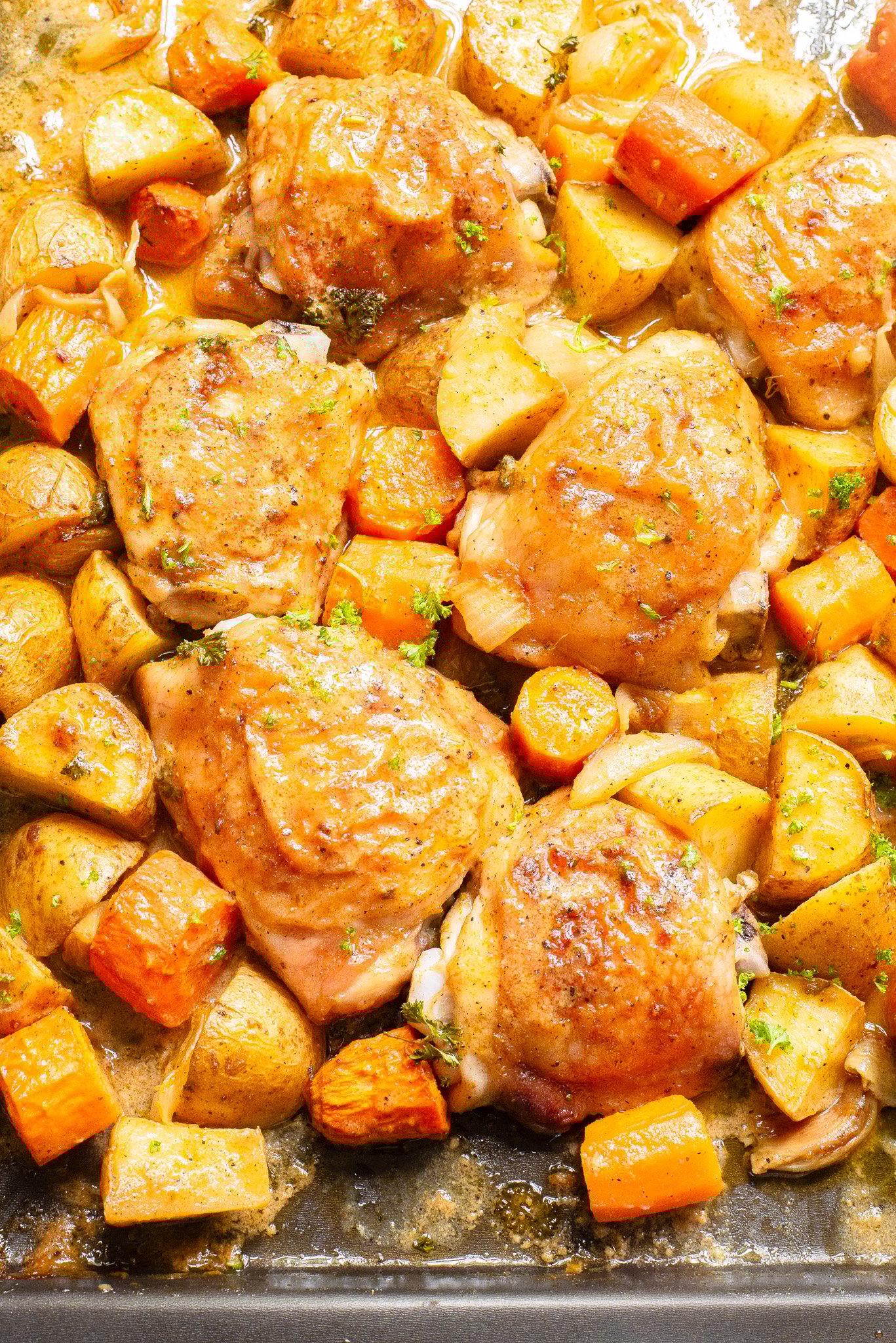 Sheet Pan Honey Mustard Chicken Thighs with potatoes and carrots 