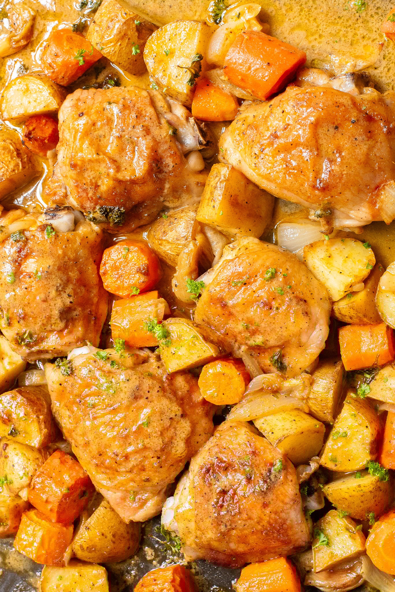 Sheet Pan Honey Mustard Chicken Thighs on a sheet pan