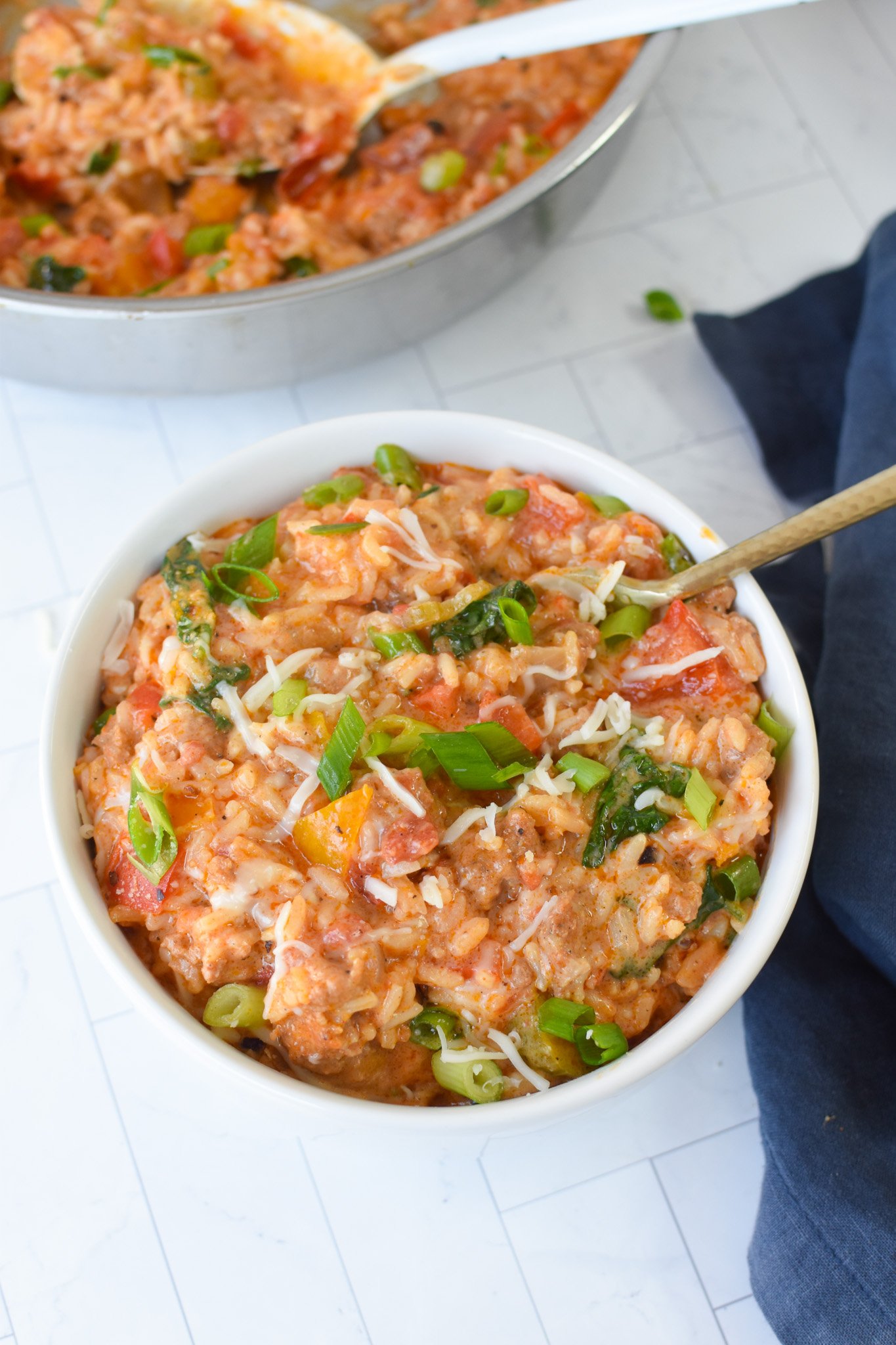 Creamy Cajun Sausage Rice Skillet in a bowl