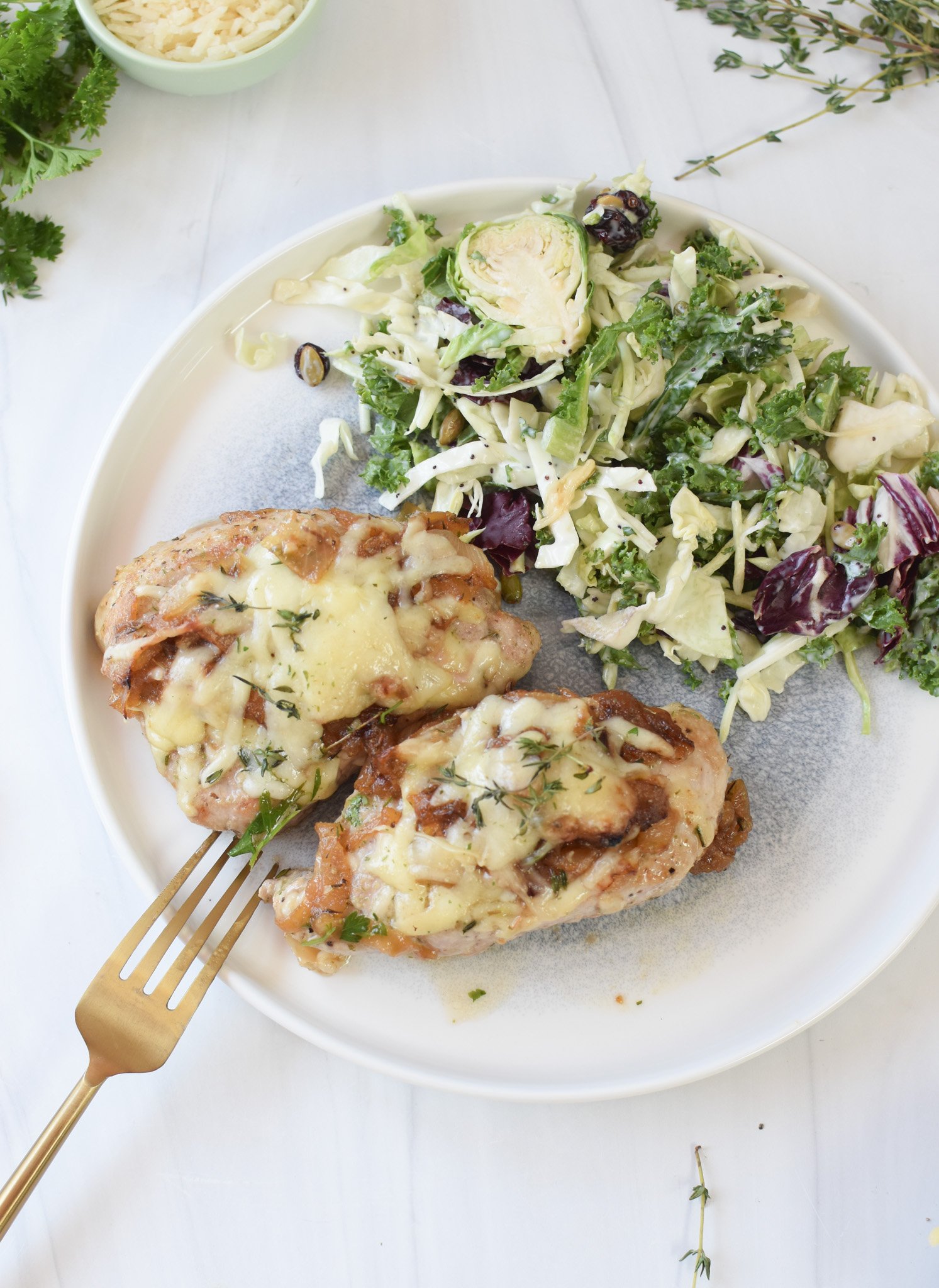 French Onion Pork Chops with salad 