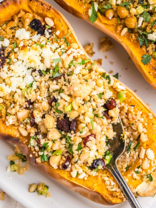 Mediterranean Stuffed Butternut Squash with a spoon
