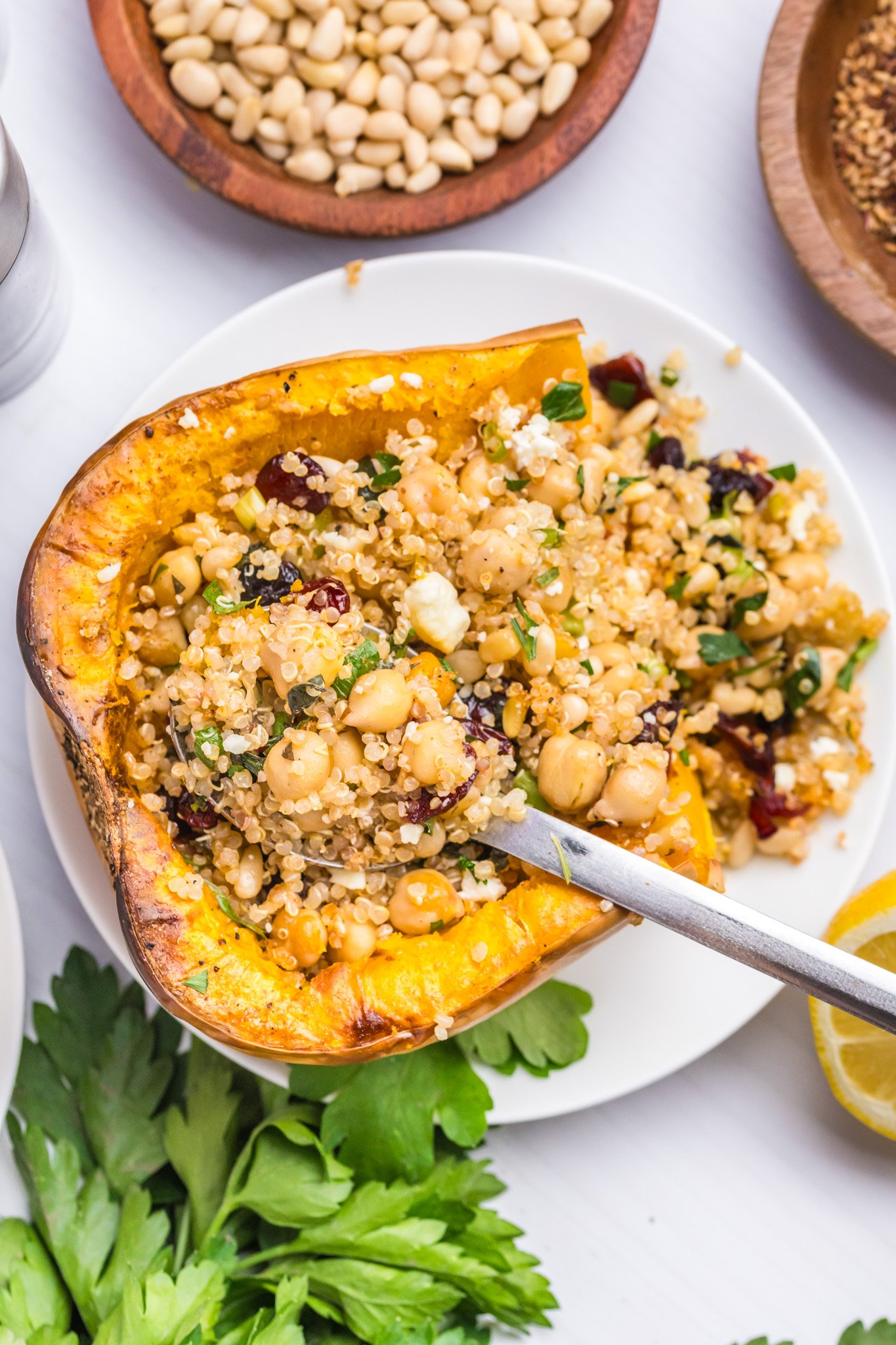 Mediterranean Stuffed Butternut Squash on a white plate 