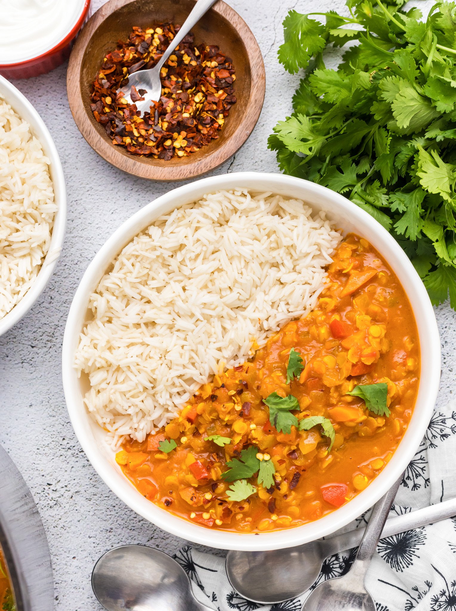 Easy Red Lentil Dahl Recipe in white bowl