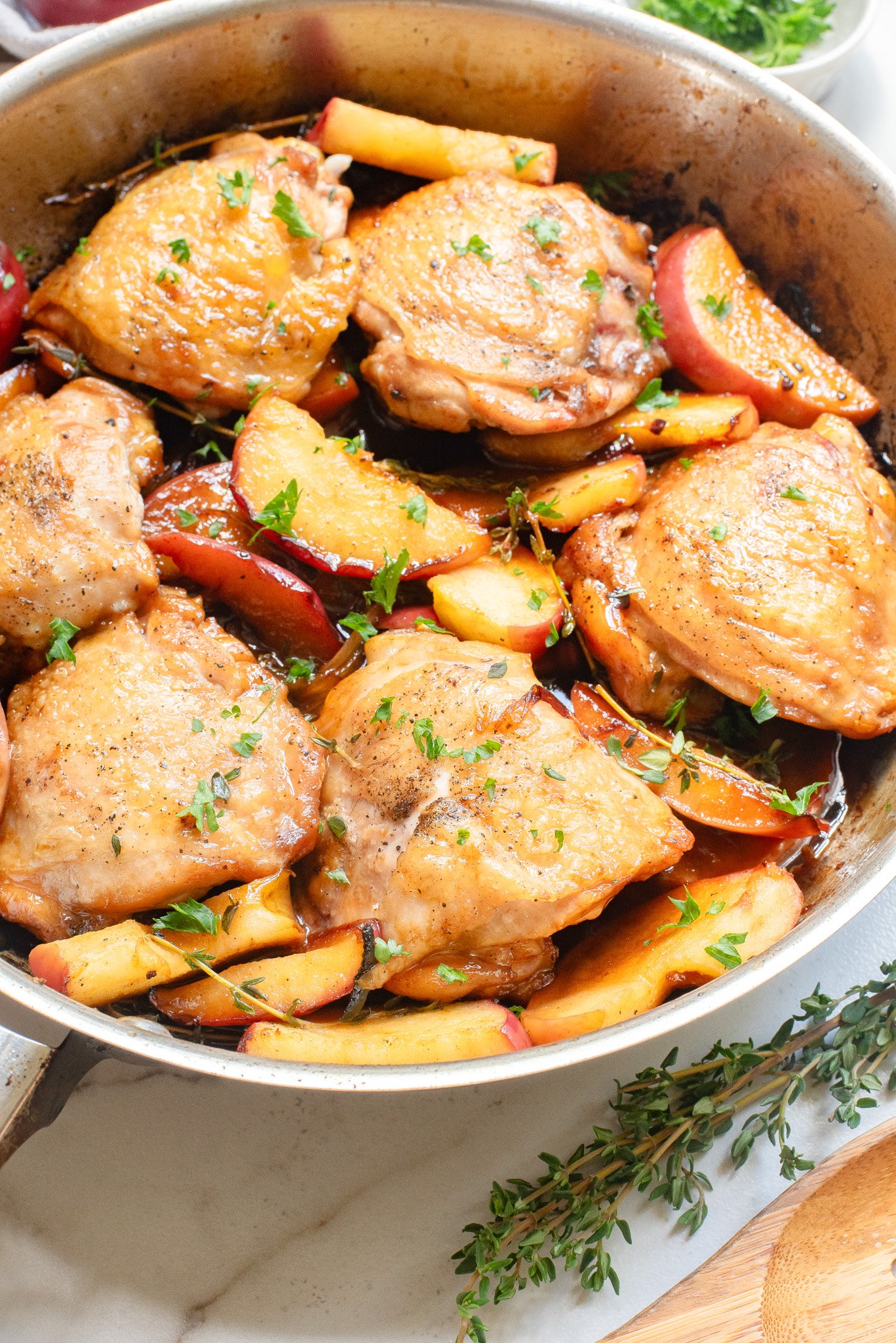Skillet Apple Cider Chicken with fresh thyme