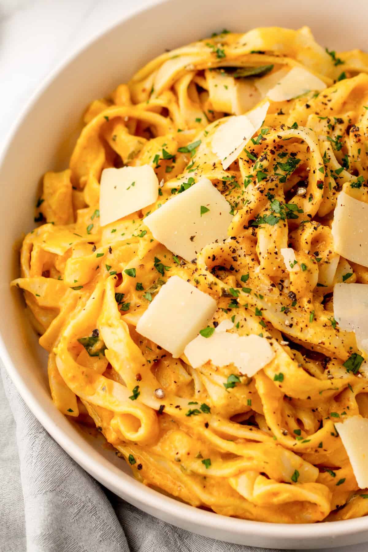 Pumpkin Pasta Sauce in a bowl with cheese